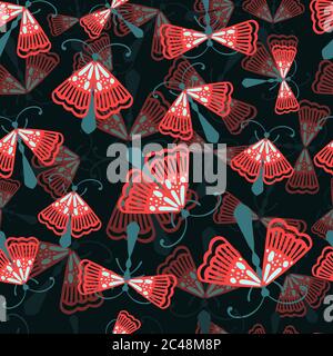Seamless pattern of cartoon simple beetle collection colored insects flat vector illustration on dark background Stock Vector