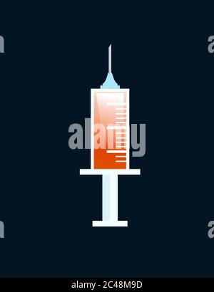 Medical plastic syringe with medicine or vaccine orange liquid flat vector illustration on dark background Stock Vector
