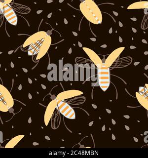 Seamless pattern of cartoon simple beetle collection colored insects flat vector illustration on dark background Stock Vector