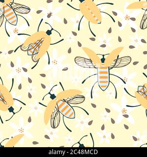 Seamless pattern of cartoon simple beetle collection colored insects flat vector illustration on yellow background Stock Vector