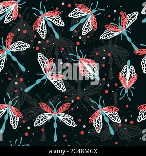 Seamless pattern of cartoon simple beetle collection colored insects flat vector illustration on dark background Stock Vector