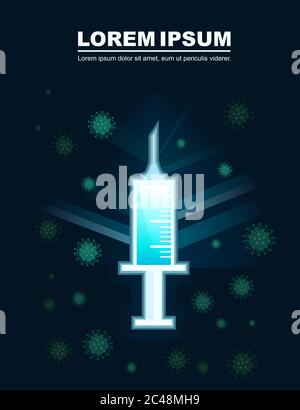 Medical plastic syringe with medicine or vaccine blue liquid flat vector illustration on dark abstract background with green coronavirus Stock Vector