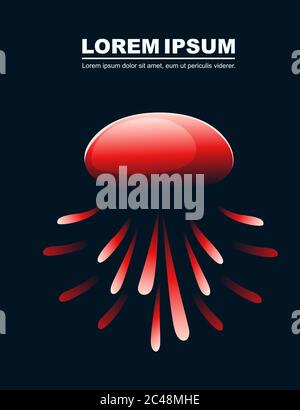 Abstract red jellyfish with neon style color flat vector illustration on dark background Stock Vector