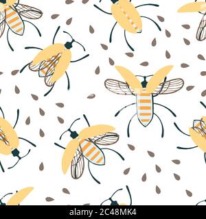 Seamless pattern of cartoon simple beetle collection colored insects flat vector illustration on white background Stock Vector