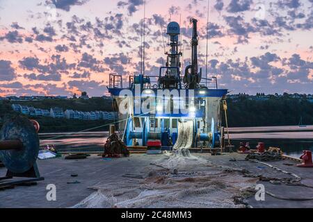 Kinsale, Cork, Ireland. 25th June, 2020.  Fishing nets from the trawler Rachel Jay laid out before dawn on the pier at Kinsale, Co. Cork, Ireland. - Credit; David Creedon / Alamy Live News Stock Photo
