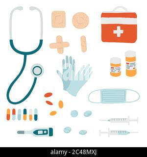 Big set with simple style medical tools flat vector illustration isolated on white background Stock Vector