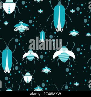 Seamless pattern of cartoon simple beetle collection colored insects flat vector illustration on dark background Stock Vector