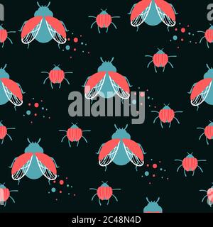 Seamless pattern of cartoon simple beetle collection colored insects flat vector illustration on black background Stock Vector