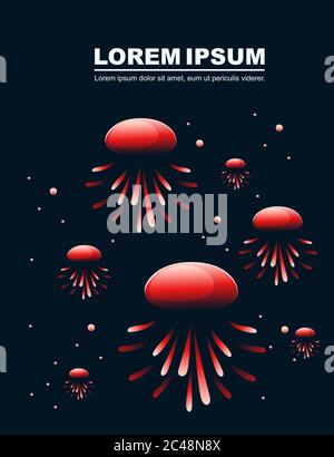 Abstract red jellyfish with neon style color flat vector illustration on dark background Stock Vector