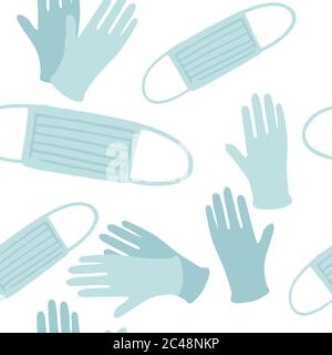 Seamless pattern with medical mask and rubber gloves flat vector illustration on white background Stock Vector