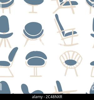 Seamless pattern of different wooden chairs for office home or yard flat vector illustration on white background Stock Vector