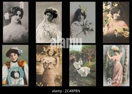 Various vintage postcards of the early 1900s with beautiful young women in different studio settings.  Public domain content. Enhancement and collage Stock Photo
