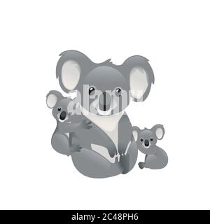 Cute koala family mother with children sit on the ground cartoon animal design flat vector illustration isolated on white background Stock Vector