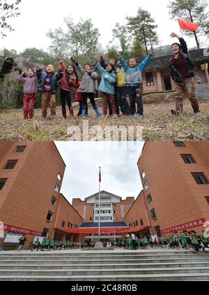 (200625) -- BEIJING, June 25, 2020 (Xinhua) -- Combination photo shows students attending a P.E. class at a rural education site in Renguang Village of Panshi Township (top, file photo taken on Nov. 5, 2013); and students walking out of their classrooms at No. 6 Primary School (bottom, photo taken on June 17, 2020) in Songtao Miao Autonomous County, southwest China's Guizhou Province.  Since June 2019, multiple steps have been taken by local authorities in Songtao to improve the living standards of residents who had relocated from the county's poorer mountainous areas. These include offering b Stock Photo