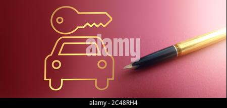 Car and key icons in gradient gold on dark pink and luxury pen. Car insuranse or automobile market concept Stock Photo