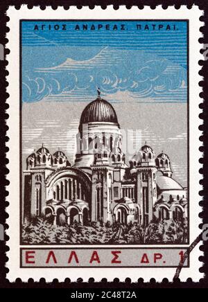 GREECE - CIRCA 1965: A stamp printed in Greece from the 'Saint Andrew' issue shows St. Andrew's church, Patras Stock Photo