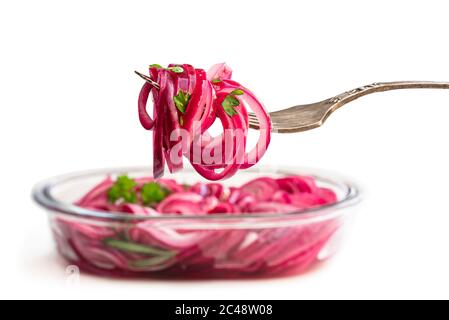 Marinated  pickled red onion rings on fork isolated on white Stock Photo