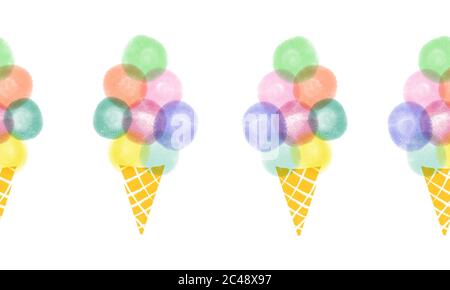 Ice cream waffle cones seamless repeating horizontal border. Hand drawn cute illustration of ice cream. se for card decor, summer party, kids, fabric Stock Photo