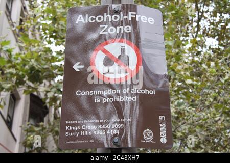 An alcohol free zone is marked along Darlinghurst Road in Kings Cross, Sydney. Stock Photo