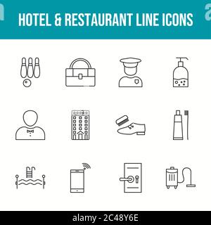 Beautiful Hotel & Restaurant 12 Vector Icons Stock Vector