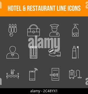 Beautiful Hotel & Restaurant 12 Vector Icons Stock Vector