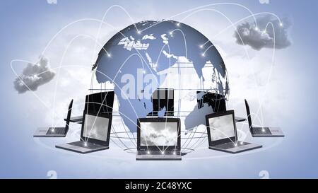 Business communication concept - connected laptops - world wide network - 3D illustration Stock Photo