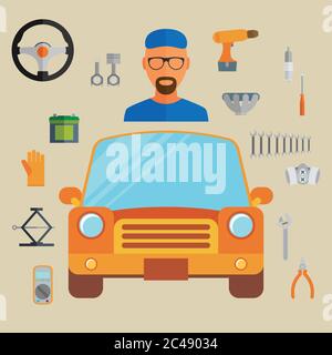 Car service concept with flat icons and mechanic. Vector illustration Stock Vector