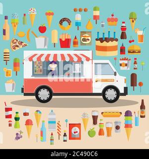 Flat design style modern vector illustration icons set of wagon full of tasty summer food, meals, drinks and fruits. Isolated on stylish color backgro Stock Vector