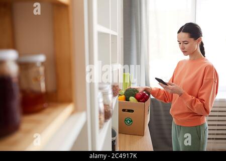 Young woman using her mobile phone while standing in the kitchen and unpacking food from the box Stock Photo