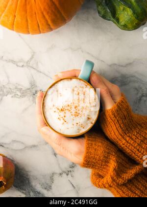 Autumn flat lay with mug of latte coffee Stock Photo