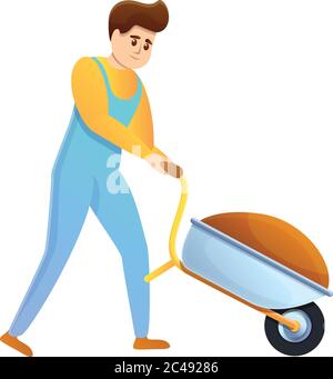 Agronomist boy with full wheelbarrow icon. Cartoon of agronomist boy with full wheelbarrow vector icon for web design isolated on white background Stock Vector