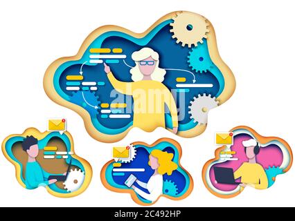 Vector layered paper cut style distance learning composition set Stock Vector