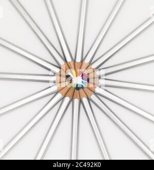 High angle shot of artistic shapes made of colorful pencils with silver covering Stock Photo