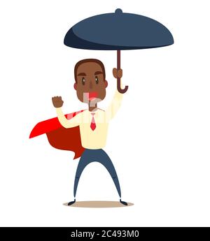 African American Superhero businessman holding umbrella for protect. Stock Vector