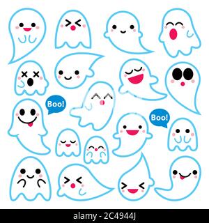 Cute vector ghosts icons, Halloween design set, Kawaii blue stroke ghost collection on white background Stock Vector