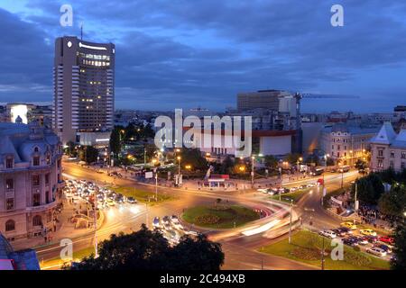 Aerial view at twilight of University Square (Piata Universitatii), Bucharest, Romania. This square is considered to be one of the focal points of the Stock Photo