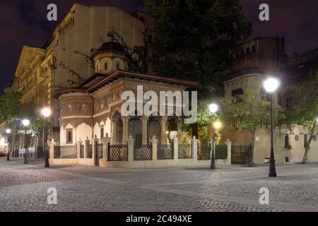 Stavropoleos Monastery in downtown Bucharest, Romania at night. Stock Photo