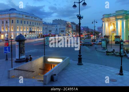 Saint Petersburg, Russia - June 16, 2013 - Midnight along the main street in Saint Petersburg, Russia - Nevsky Prospect on June 16, 2013, period of th Stock Photo