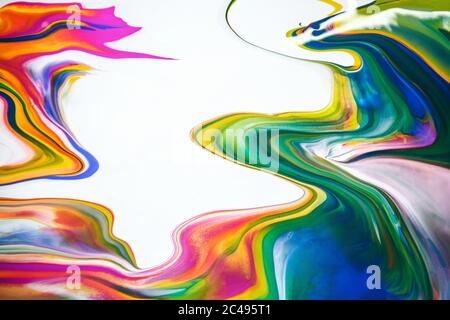 Multicolored acrylic paint flowing fluid trend bright colorful background. Stock Photo