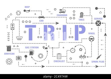 Trip word concepts banner. Car preparation for travel. Service vehicle auto infographics. Presentation, website. UI UX idea. Isolated lettering typogr Stock Vector