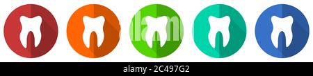 Tooth icon set, red, blue, green and orange flat design web buttons isolated on white background, vector illustration Stock Vector