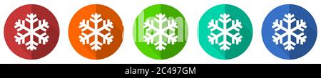 Snow icon set, red, blue, green and orange flat design web buttons isolated on white background, vector illustration Stock Vector