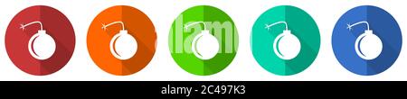 Bomb icon set, red, blue, green and orange flat design web buttons isolated on white background, vector illustration Stock Vector