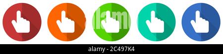 Cursor hand icon set, red, blue, green and orange flat design web buttons isolated on white background, vector illustration Stock Vector