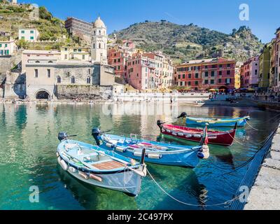 View of Vernazza one of five colorful villages of Cinque Terre Stock Photo