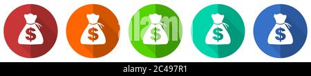 Money icon set, red, blue, green and orange flat design web buttons isolated on white background, vector illustration Stock Vector
