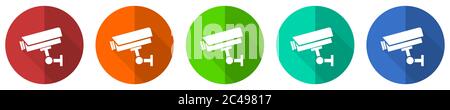 Cctv camera icon set, red, blue, green and orange flat design web buttons isolated on white background, vector illustration Stock Vector