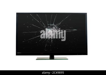 TV  with broken screen glass on white, clipping paths (tv and the screen also) included Stock Photo