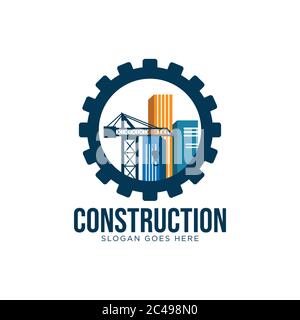 Construction logo design concept with buildings and crane inside cog gear heavy industrial logo vector illustration Stock Vector