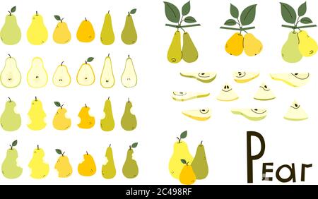 Pears whole, cut, bitten. Pear half and slices. Pear tree branches with leaves. Set of vector objects in yellow, green, orange colors isolated on Stock Vector